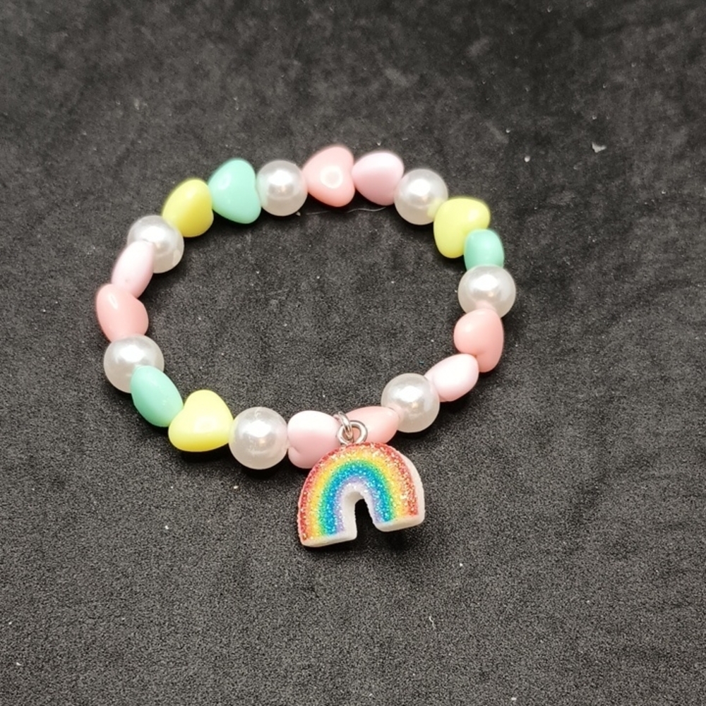 Pink and Yellow Beaded Jewelry Bracelet with Rainbow Charm